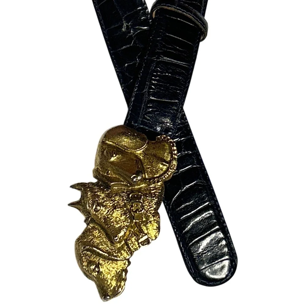 Worth New York Gold‎ Dog Buckle Black Croc Embossed Leather Belt  Size P 29